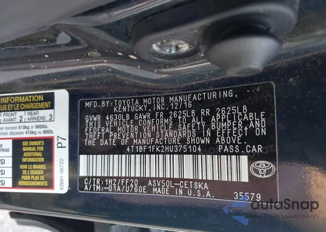 2017 Toyota Camry Se из США, поврежденный, VIN 4T1BF1FK2HU375104